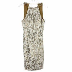 Eliza J Dress Lace Cocktail Sheath. Gold Metal Halter Neck. Cream/Gold. Size 12